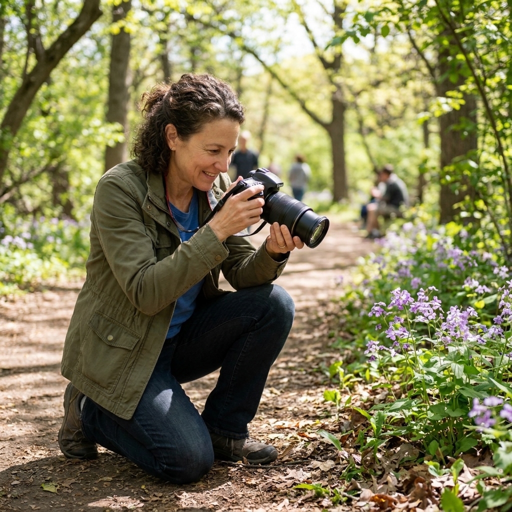 A person holding a camera while walking through a leafy park path, pausing to photograph flowers near the trail