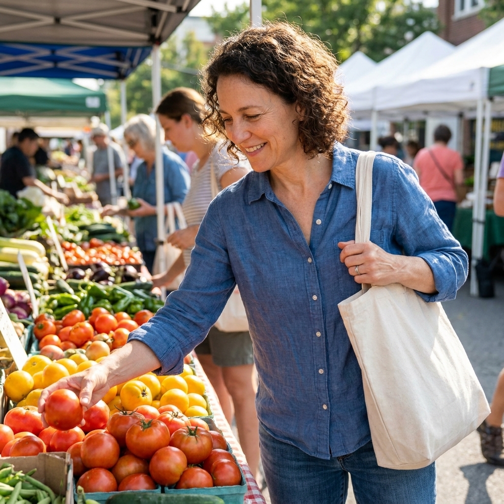 A person holding a canvas tote bag while choosing fresh produce at an outdoor farmers market on a sunny day