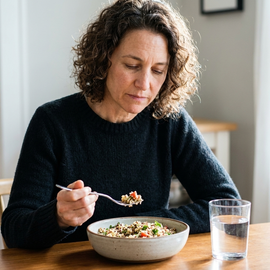 A person holding a fork above a bowl of food, eyes softly focused downward, taking a quiet pause at the table with a glass of water nearby