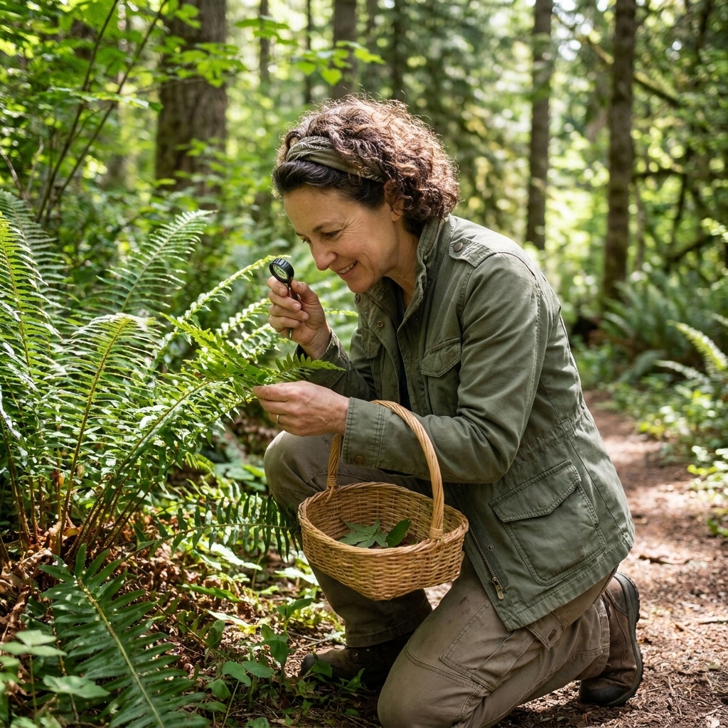 A person holding a small woven basket while walking on a wooded trail, pausing to look closely at plants near the path