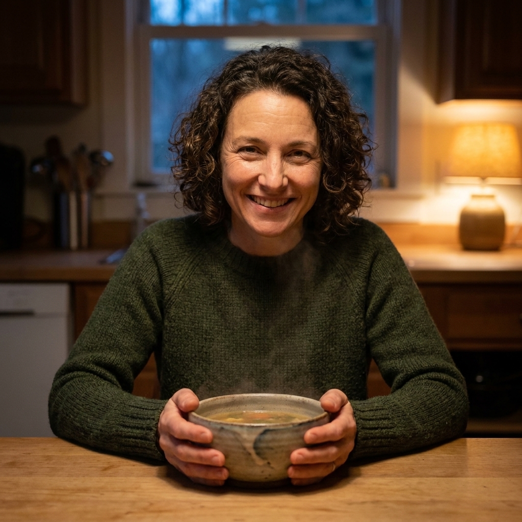 A person holding a warm ceramic bowl of soup with both hands at a kitchen table, cozy evening light