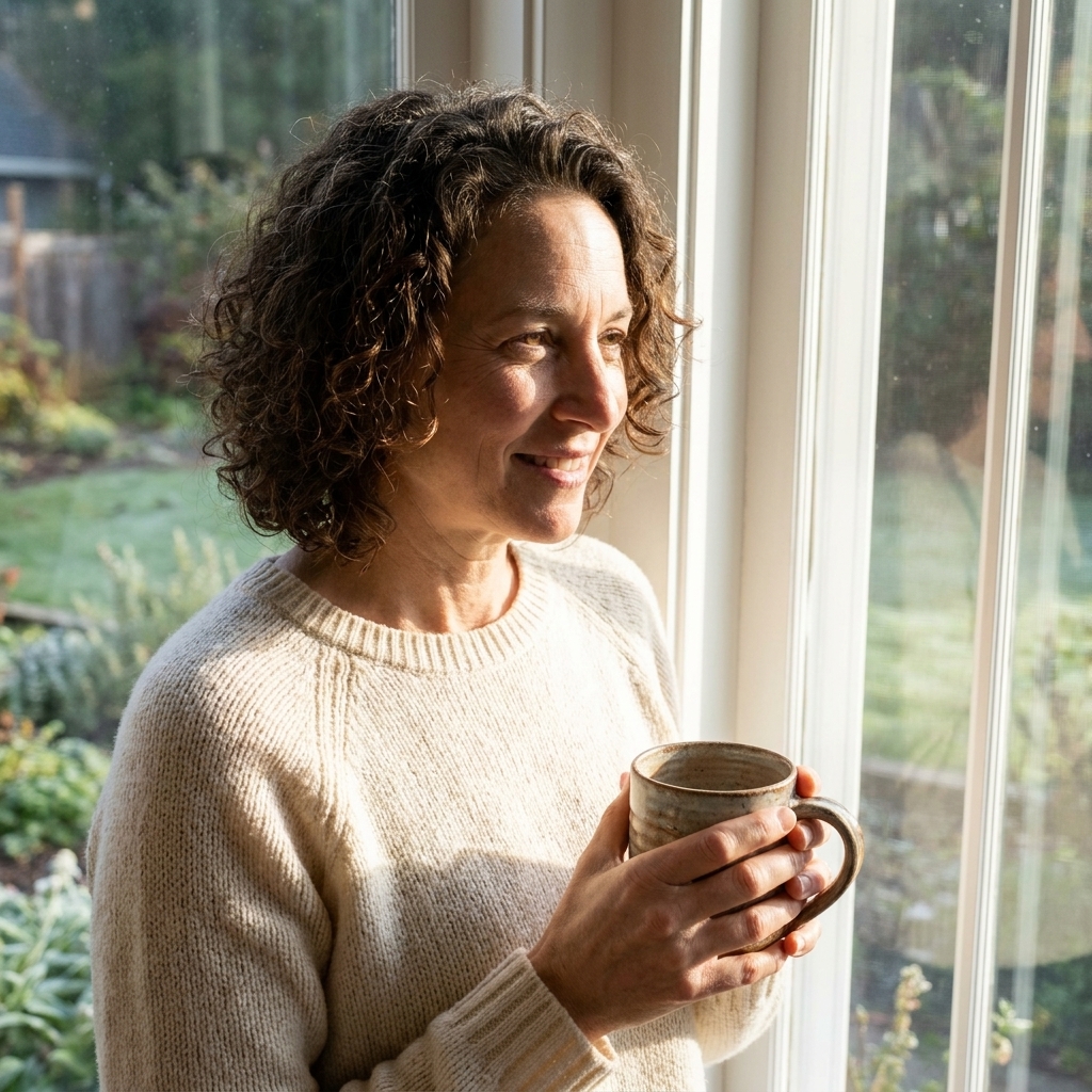 A person holding a warm ceramic mug with both hands while standing near a sunlit window in the morning