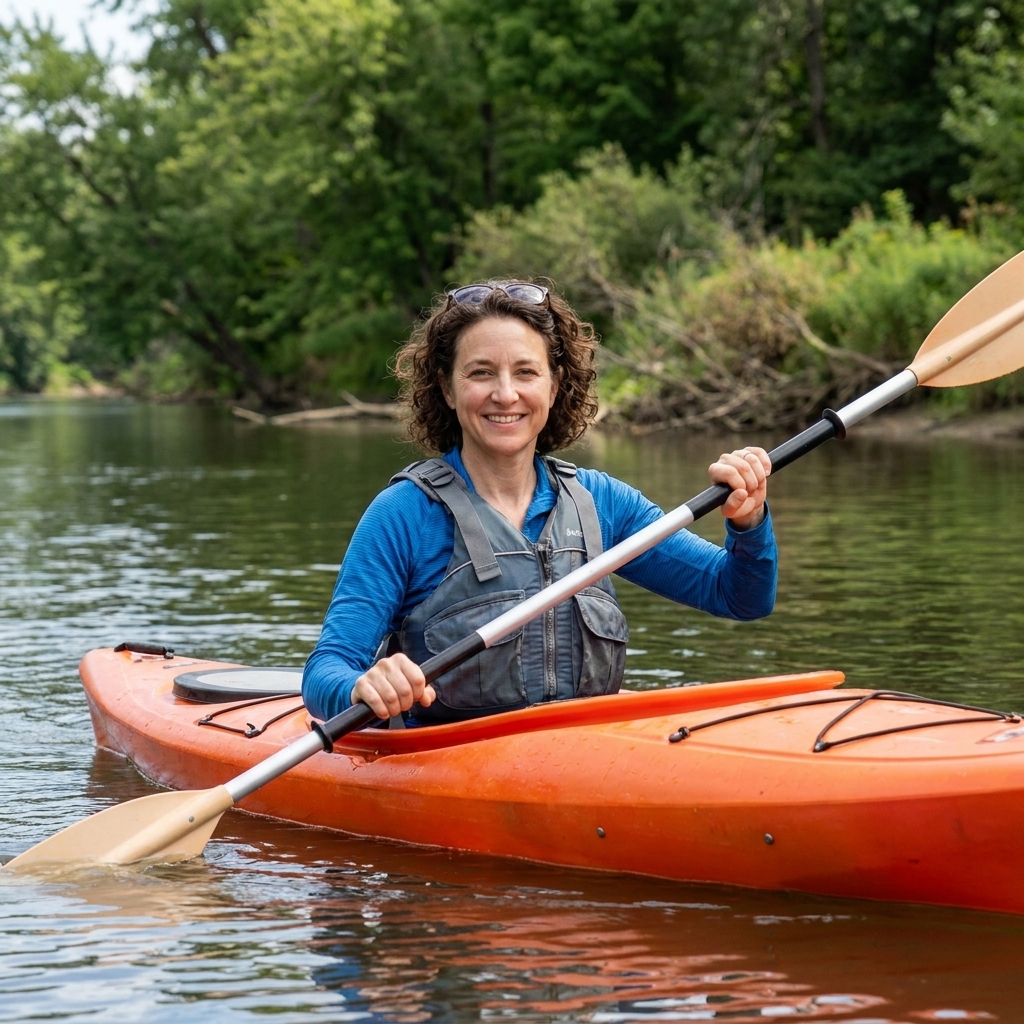 A person kayaking on a calm river in a bright recreational kayak, paddling at an easy pace with trees along the shoreline
