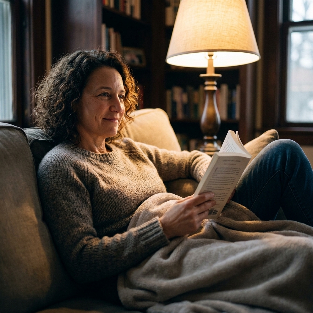 A person lounging on a cozy couch with a blanket and a book, a warm lamp glowing in the background