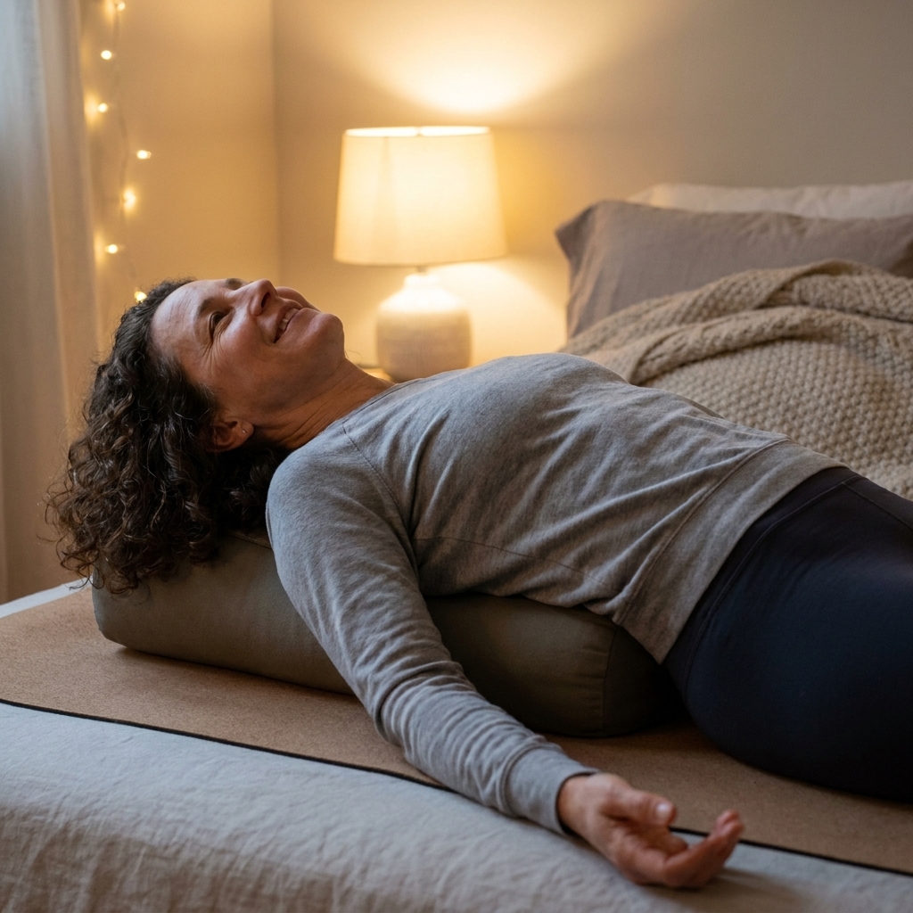 A person lying back on a yoga bolster in a supported chest opener pose on a mat in a softly lit bedroom
