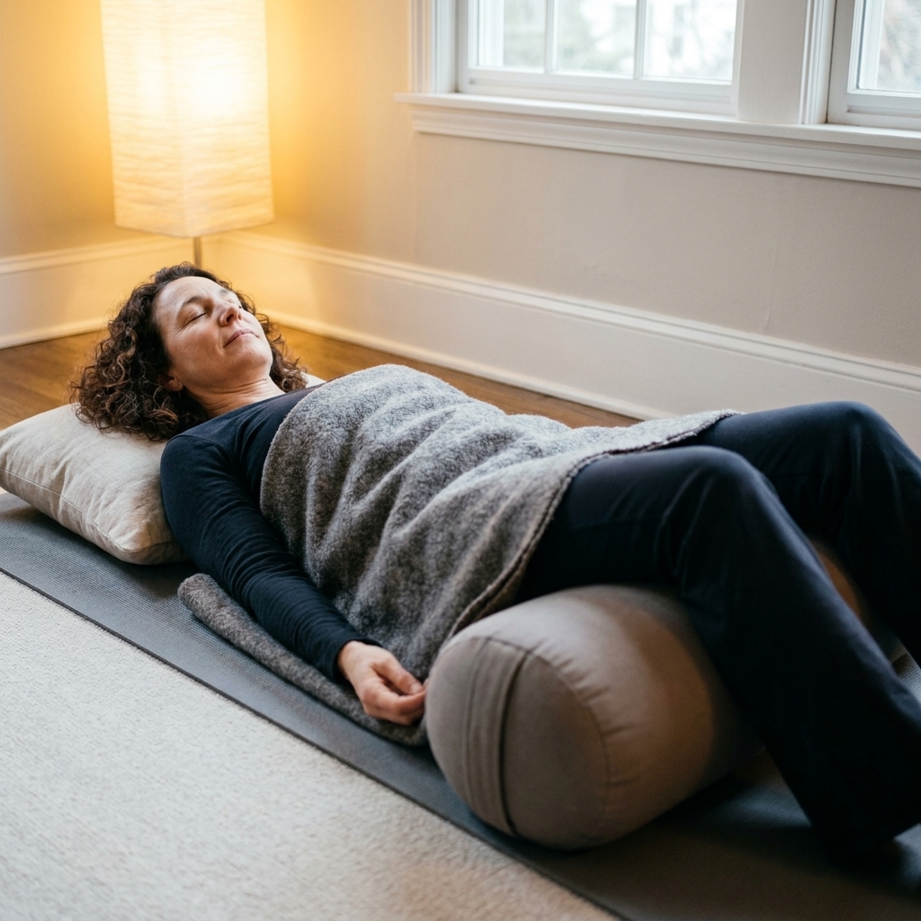 A person lying on their back with a bolster under their knees and a blanket over their body in a quiet room, set up for deep rest