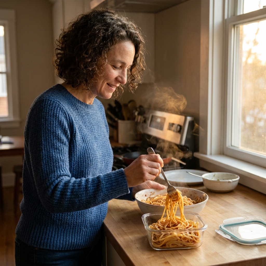 A person placing leftover pasta into a clear glass food container on a kitchen counter, with soft evening light coming through a window