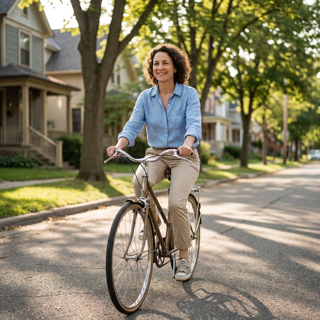 A person riding a bicycle at an easy pace on a quiet neighborhood street on a sunny day, wearing a comfortable casual outfit