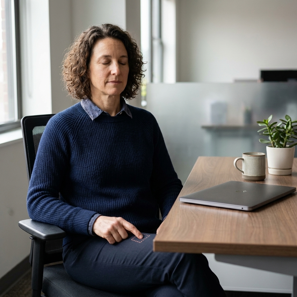 A person seated at a modern office desk with one hand subtly tracing a small square on their leg while breathing calmly, laptop closed, shoulders relaxed