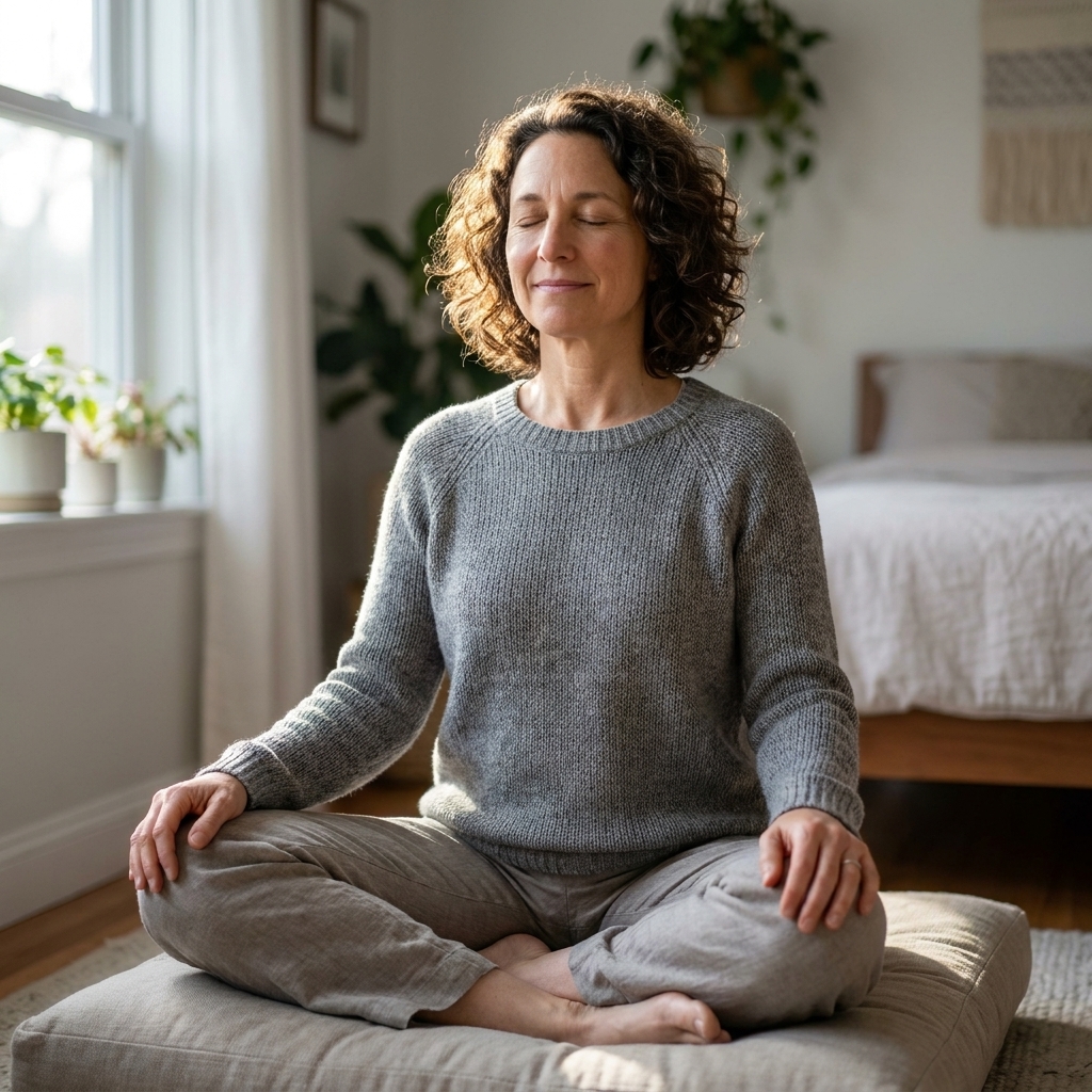 A person seated on a cushion near a window, eyes closed, shoulders relaxed, soft morning light illuminating a calm bedroom