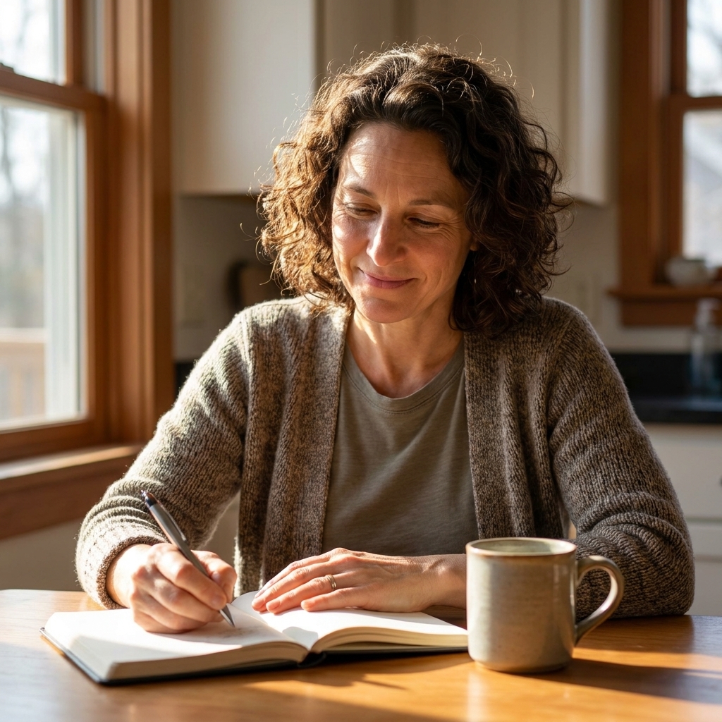 A person sitting at a kitchen table writing in a notebook with a mug nearby as morning sunlight streams through a window