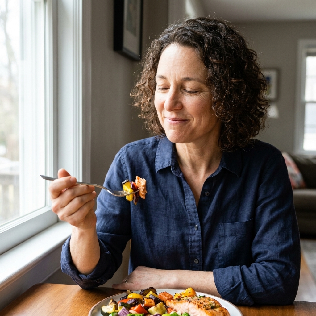 A person sitting at a table taking a slow first bite of a colorful meal, relaxed posture, daylight coming through a nearby window