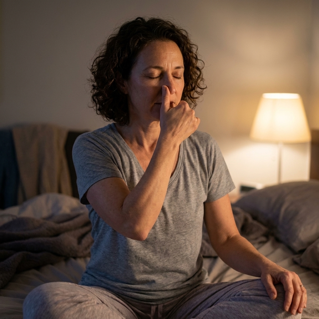 A person sitting-cross-legged on a bed at night, eyes closed, gently practicing alternate nostril breathing with relaxed posture