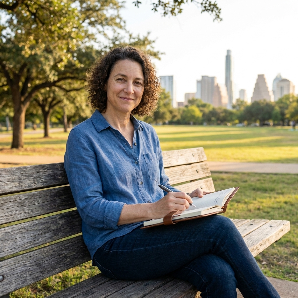 A person sitting on a bench in a green Austin, Texas park with a journal on their lap during a calm late afternoon