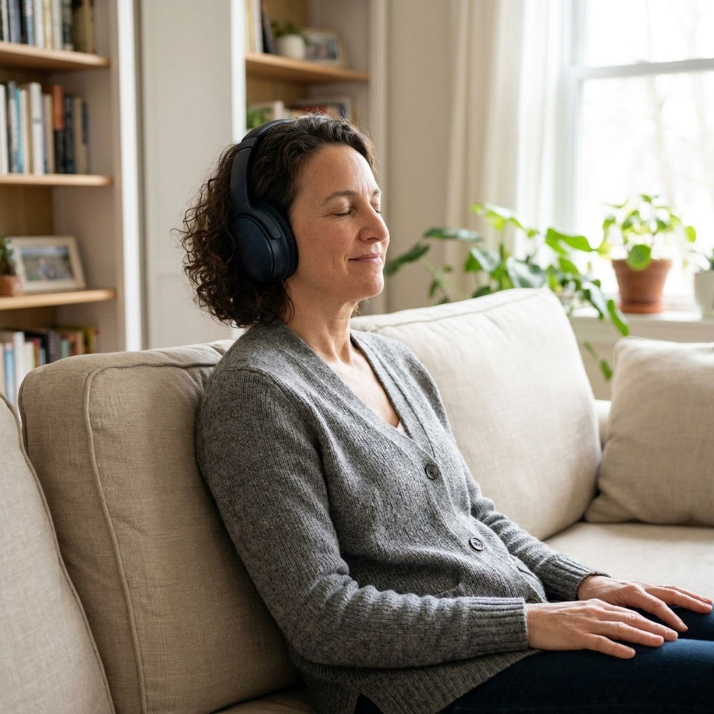 A person sitting on a couch with headphones on, eyes closed, hands resting on their lap while listening to a guided meditation in a calm living room