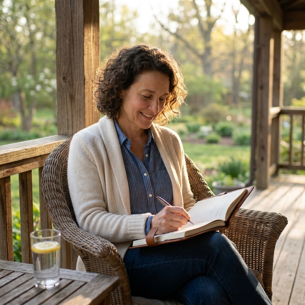 A person sitting on a porch in soft morning light writing in a journal beside a glass of water