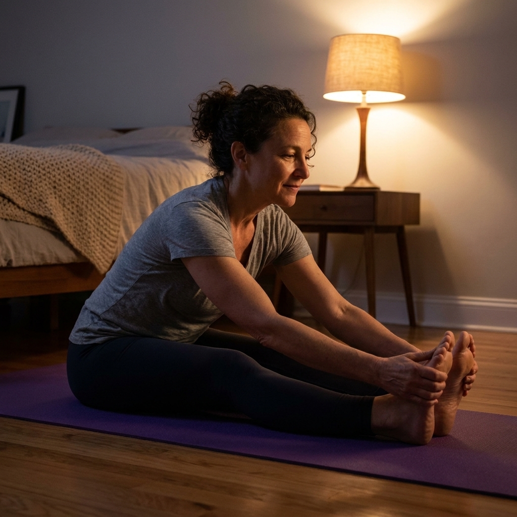 A person sitting on a yoga mat in a calm bedroom in the evening doing a gentle seated forward fold, warm lamplight creating a relaxing atmosphere