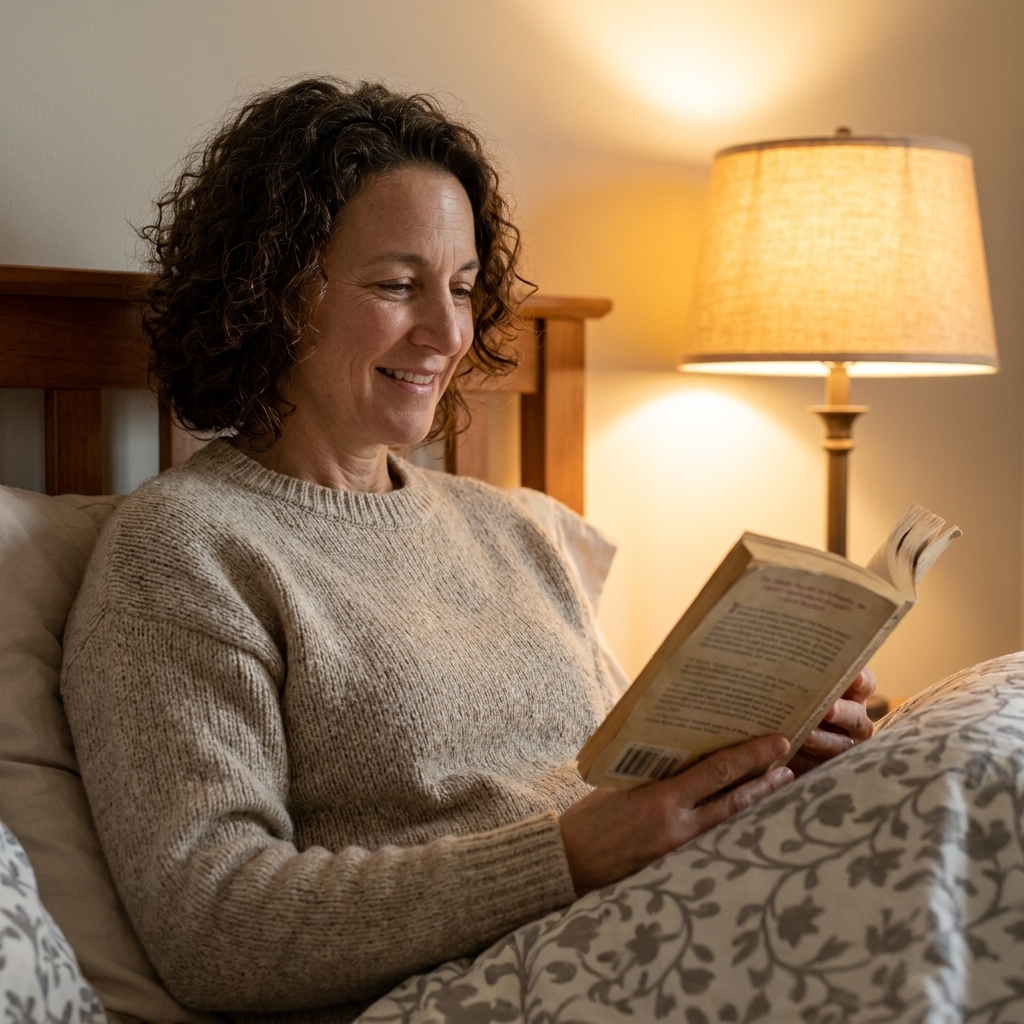 A person sitting up in bed reading a paperback book under a warm bedside lamp, looking calm and relaxed