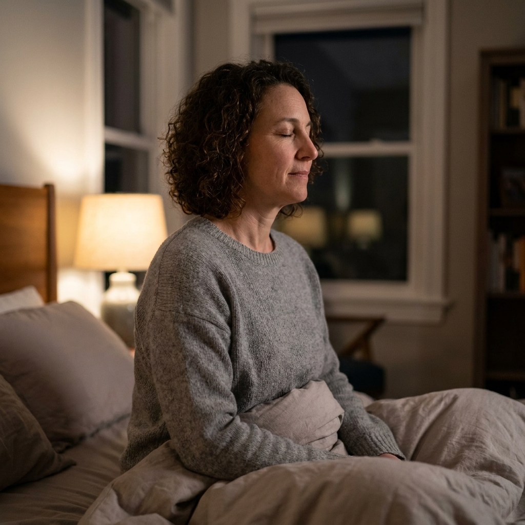 A person sitting up in bed with eyes closed, breathing slowly with relaxed shoulders in a calm bedroom at night