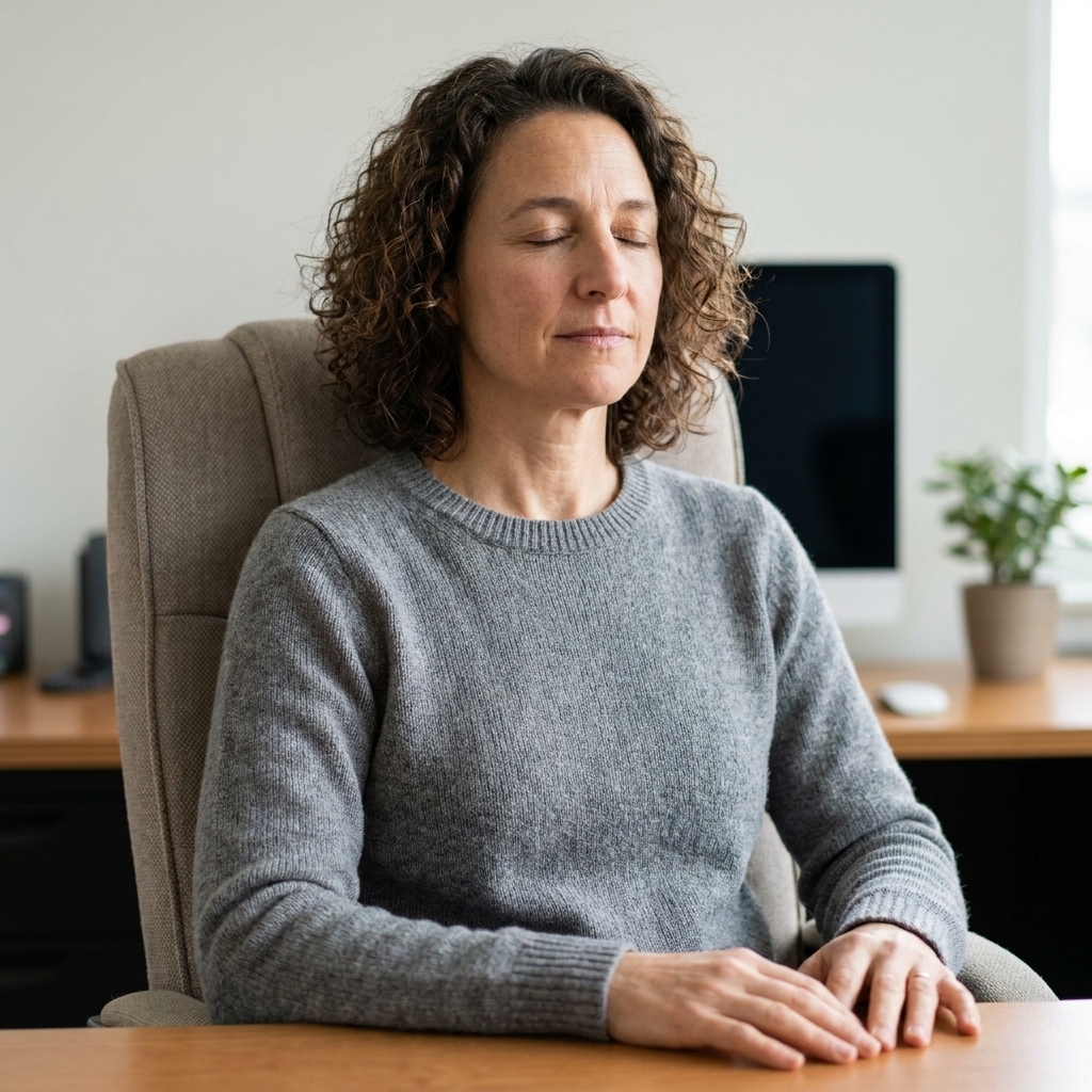 A person sitting upright in an office chair with relaxed shoulders and hands resting on the desk, eyes gently closed while practicing slow breathing