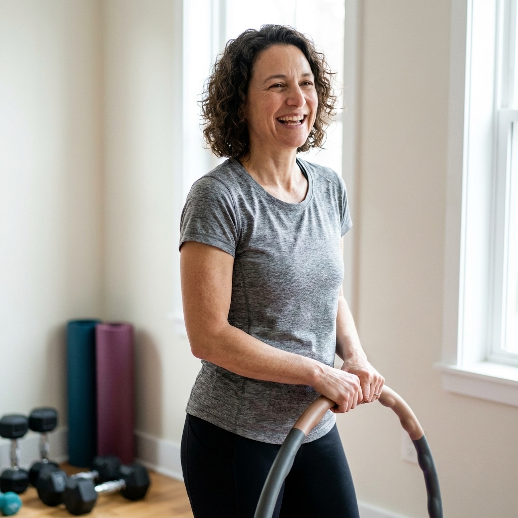 A person smiling while taking a short break from weighted hula hooping in a home workout space, holding the hoop at their side with a relaxed posture