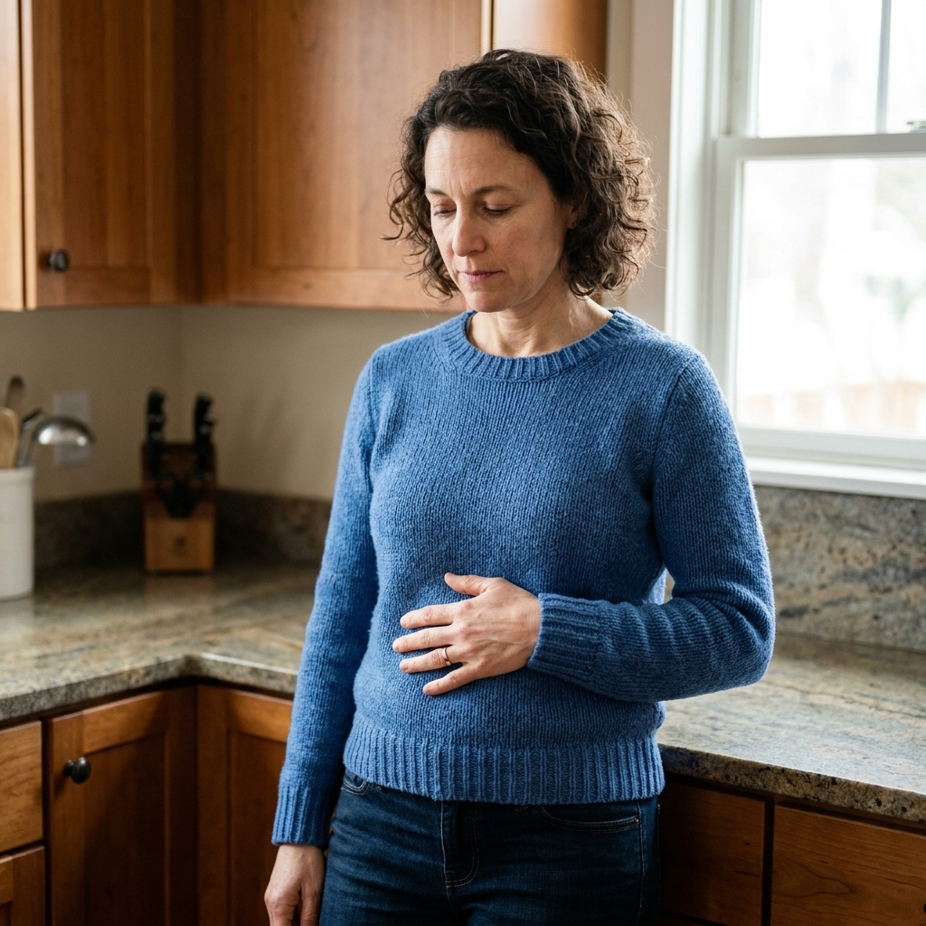 A person standing in a kitchen with one hand on their belly, eyes softly focused downward, taking a slow breath
