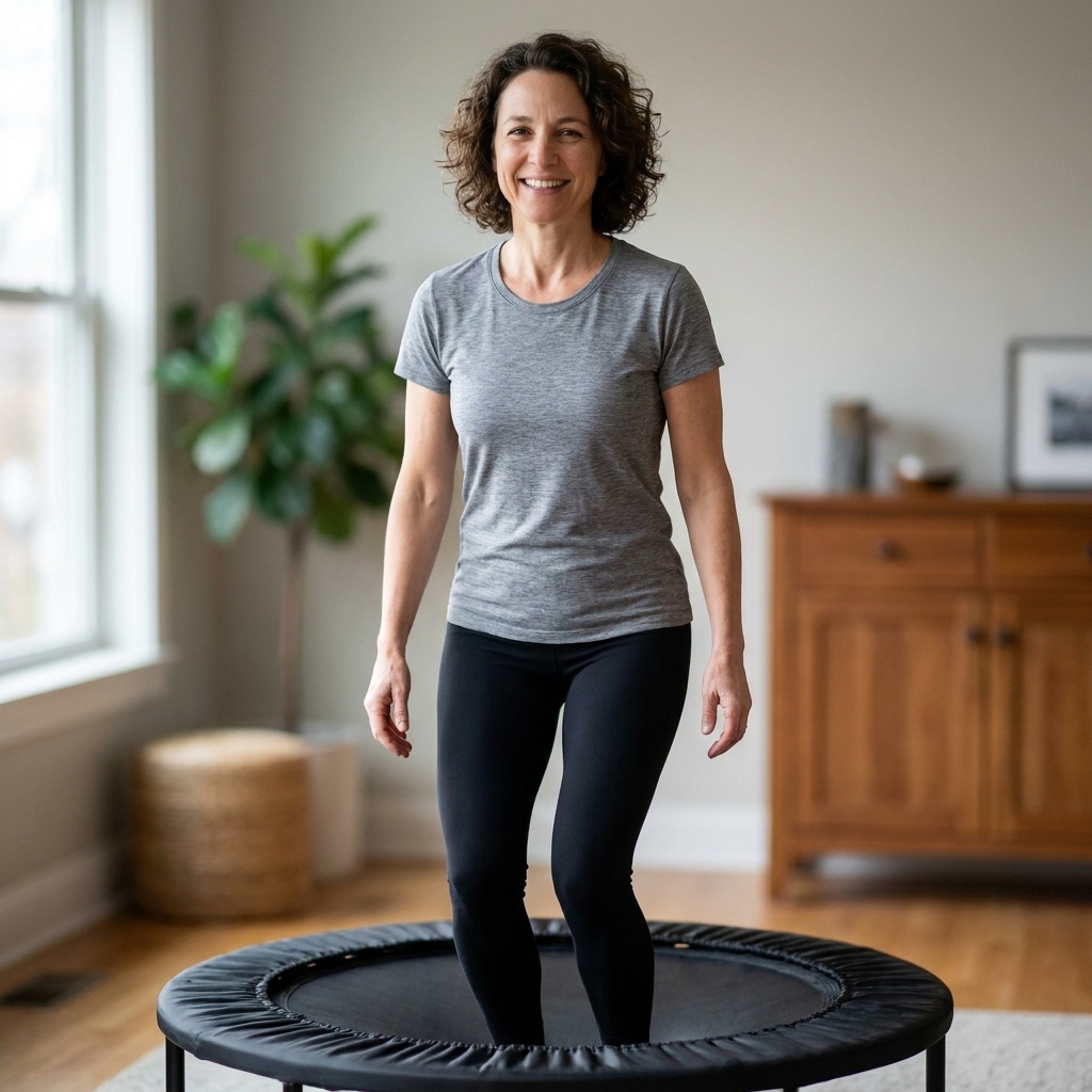 A person standing on a mini trampoline with knees softly bent and arms relaxed, demonstrating a gentle controlled bounce