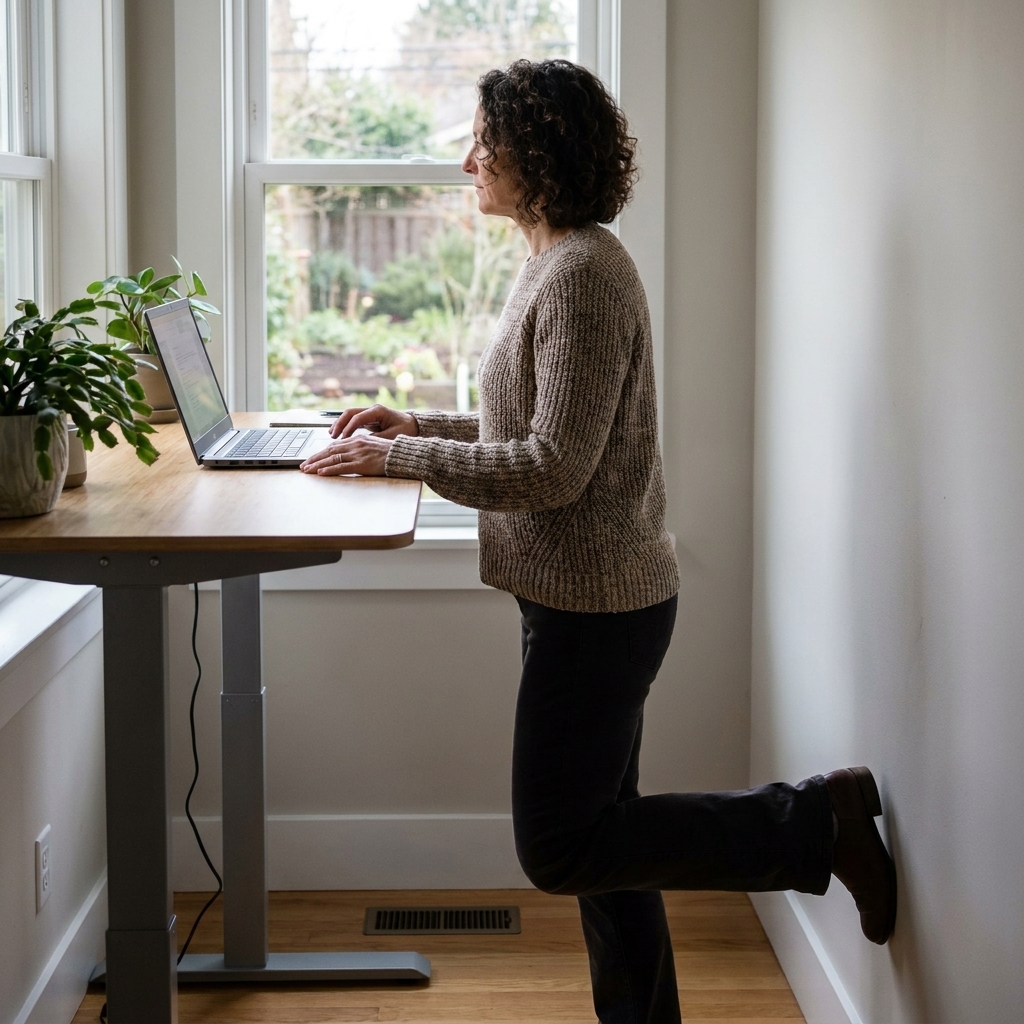 A person stepping away from a laptop at a standing desk, gently stretching one calf while looking out a window in a calm home office
