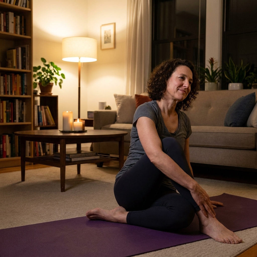 A person stretching on a yoga mat in a softly lit living room at night with a calm, relaxed posture