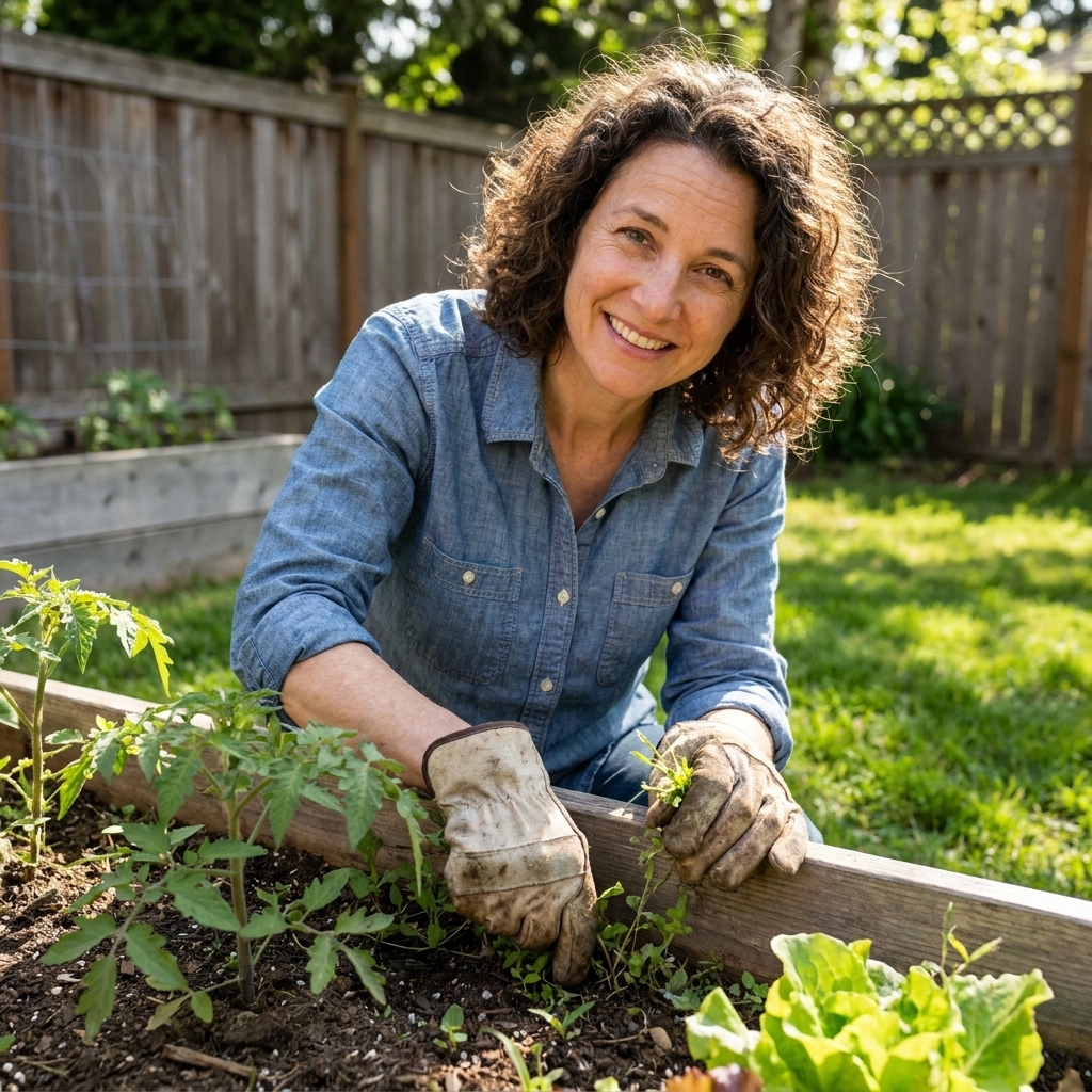 A person tending a raised garden bed in a backyard, wearing gloves and gently pulling weeds beside young vegetable plants