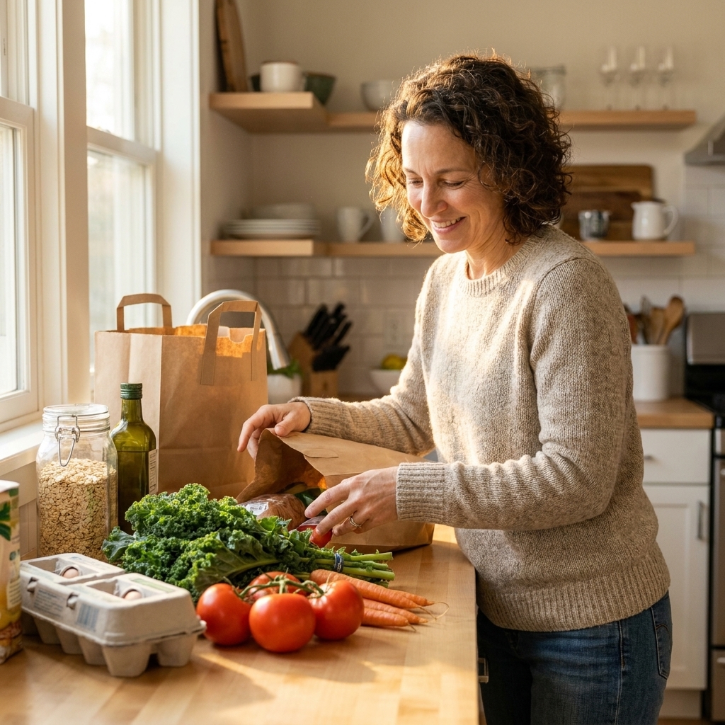 A person unpacking grocery bags onto a clean kitchen counter with fresh vegetables, eggs, and pantry items visible in warm natural light.