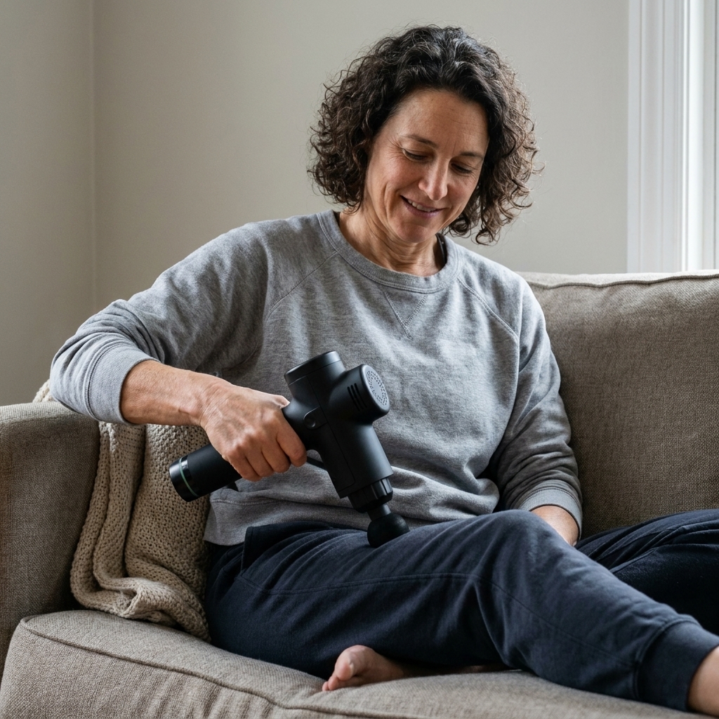 A person using a massage gun on their thigh while seated on a couch with a blanket nearby