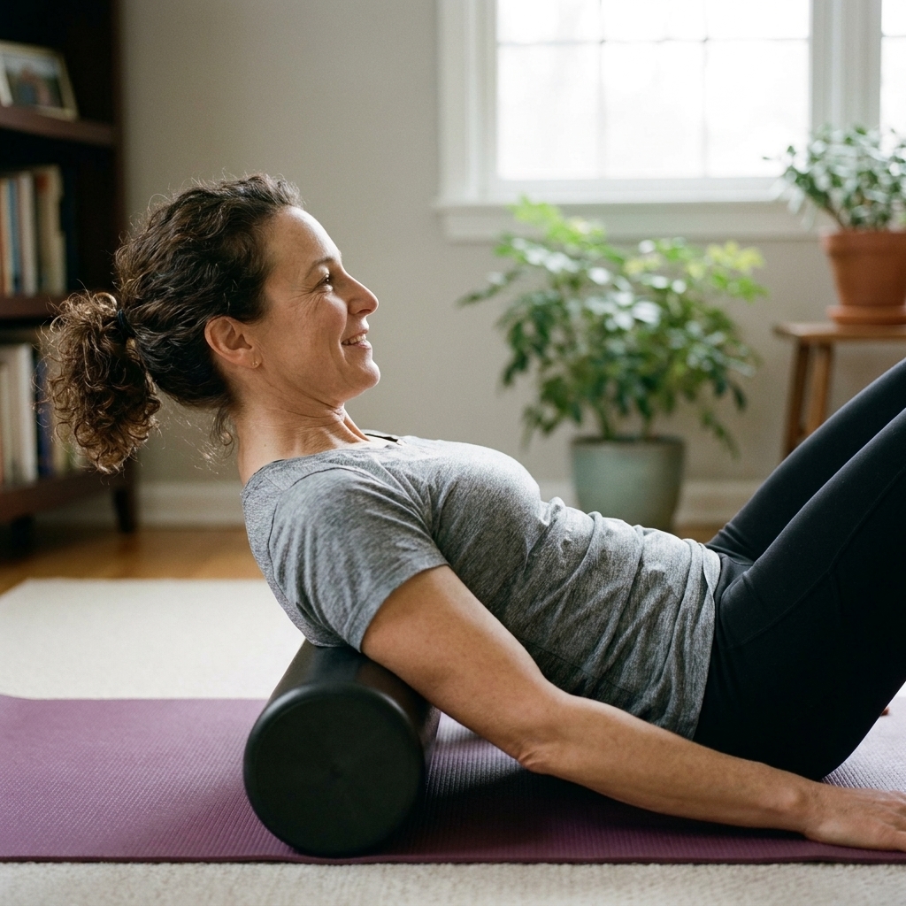 A person using a smooth foam roller on their upper back on a yoga mat in a quiet living room