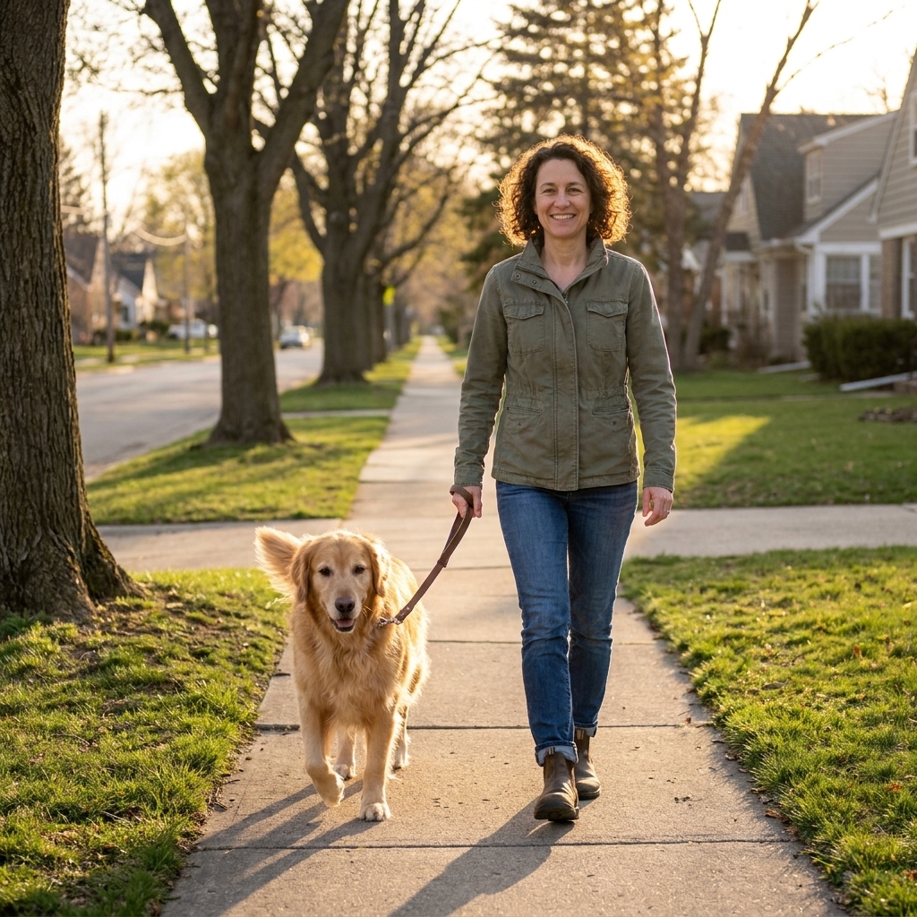 A person walking a golden retriever on a peaceful suburban sidewalk at golden hour, with long shadows and soft warm light