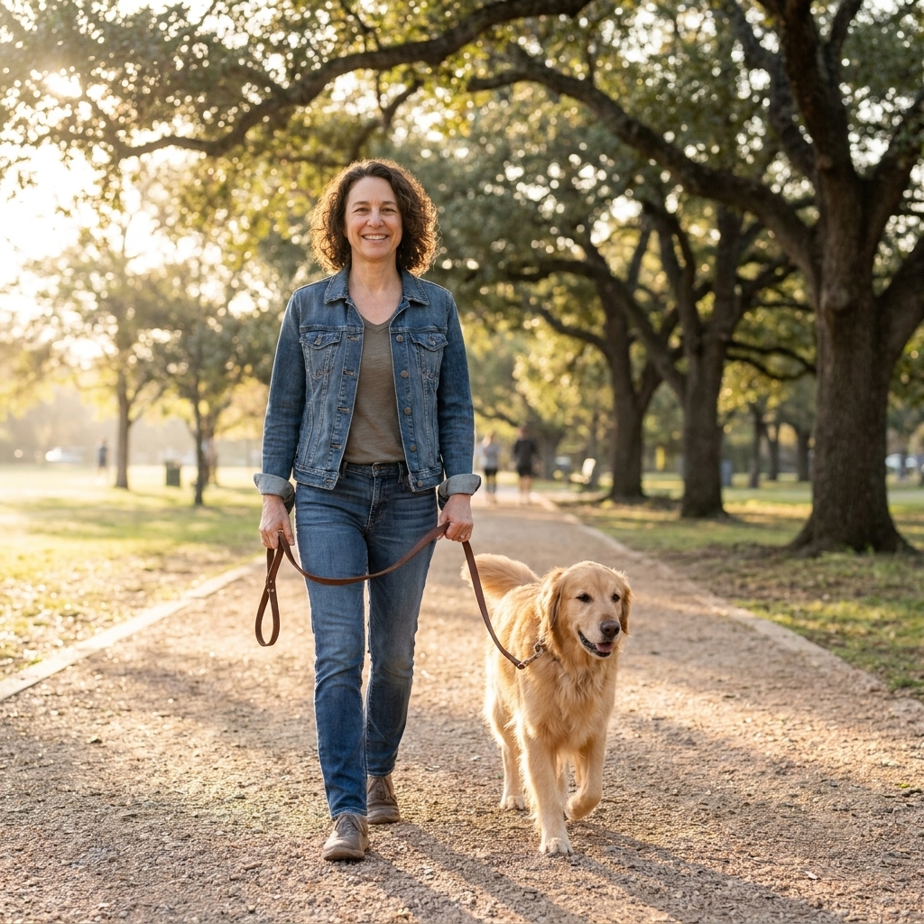 A person walking a golden retriever on a sunny path in an Austin park with trees and soft morning light