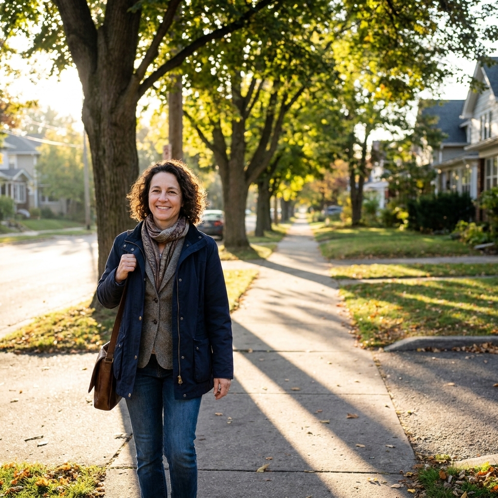 A person walking on a quiet neighborhood sidewalk in early morning with trees and long shadows.