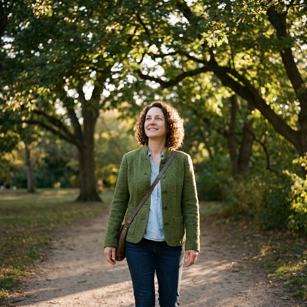 A person walking slowly on a park path with trees overhead, looking relaxed and attentive, late afternoon sunlight