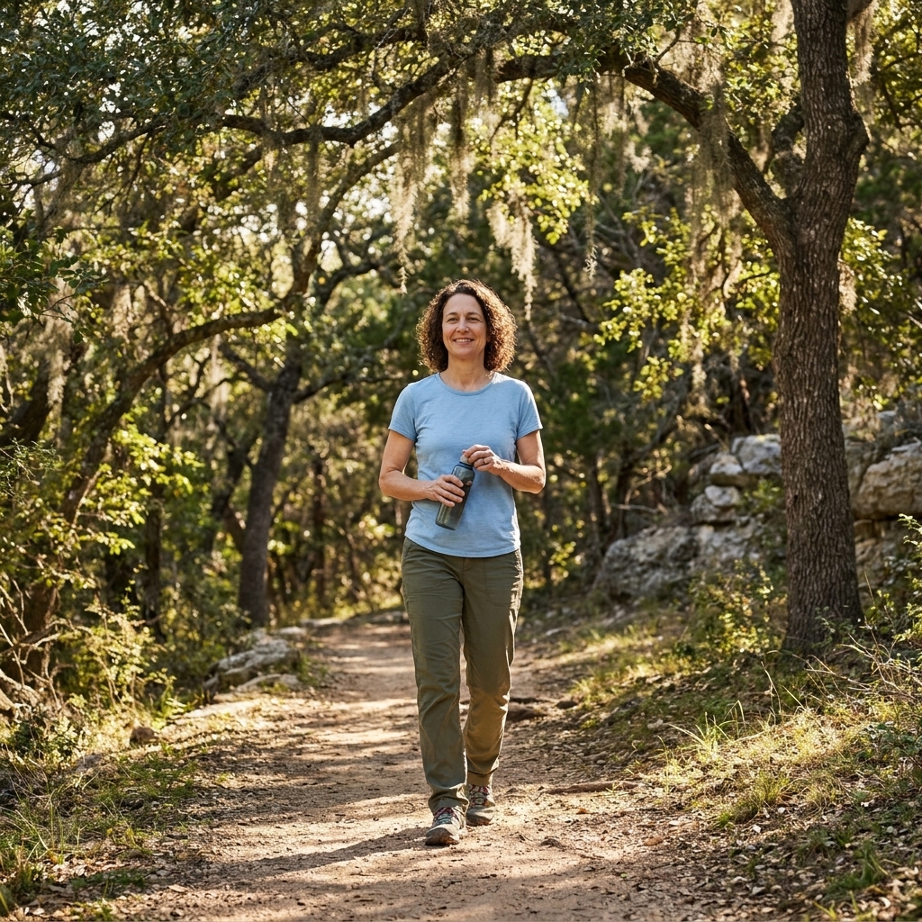 A person walking slowly on a shaded park trail in Austin, Texas with trees and dappled sunlight.
