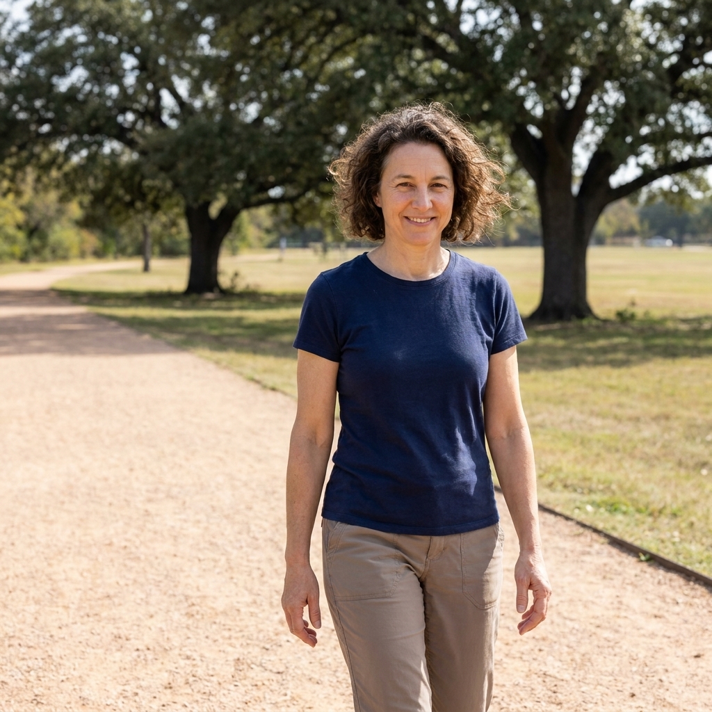 A person walking slowly on a wide trail at Zilker Park with trees and open grass in the background, hands relaxed at their sides, midday natural light