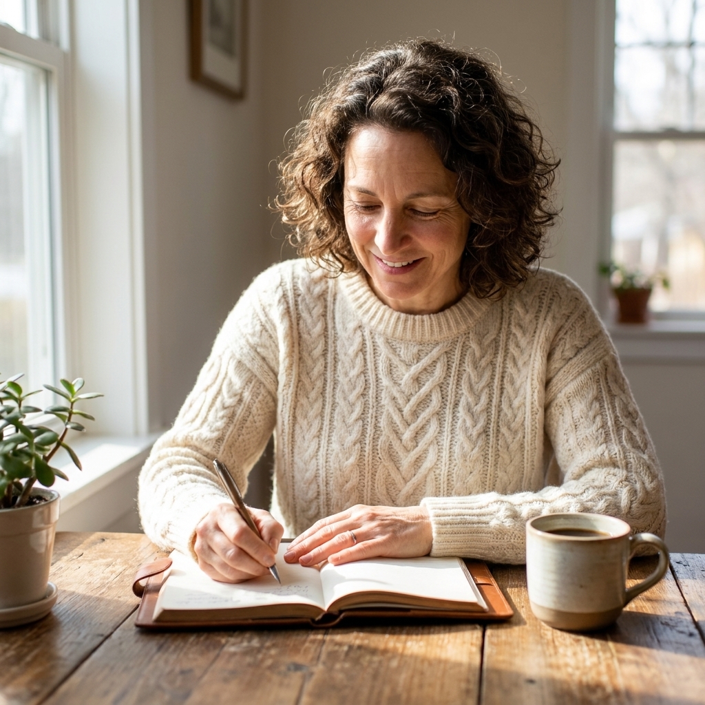 A person writing in a journal at a wooden table with a cup of coffee nearby in soft morning light.