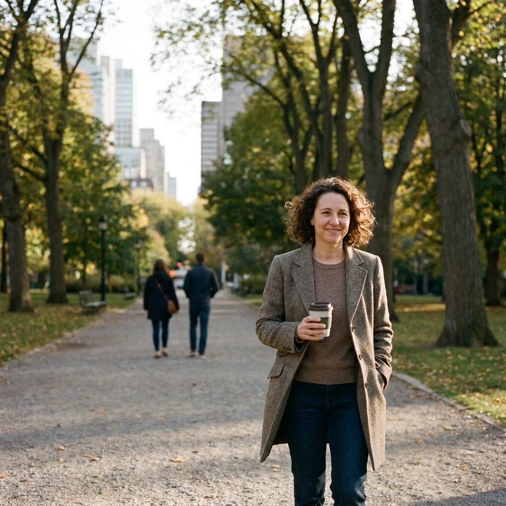A quiet city park path with a few people walking in the distance and trees buffering city noise