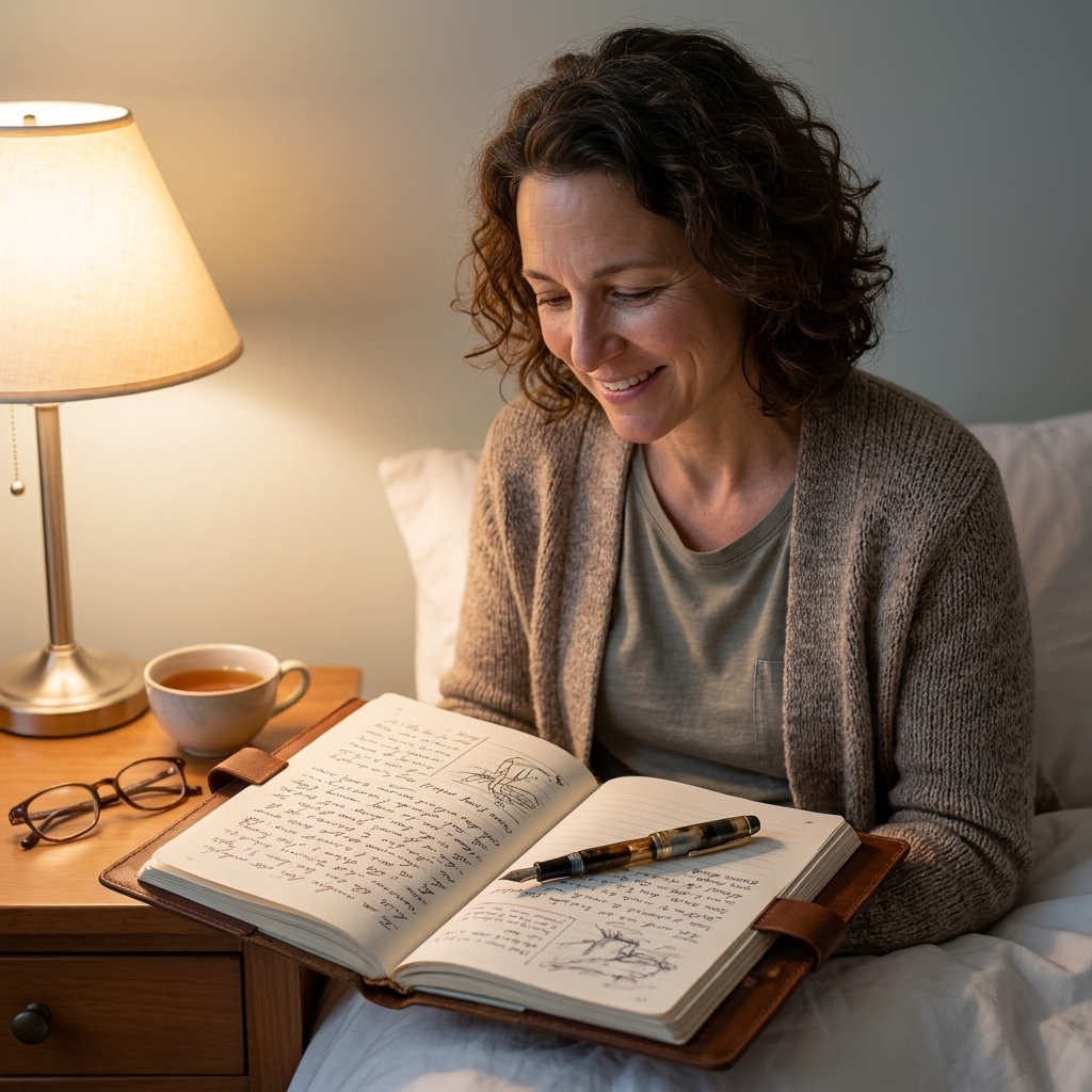 A real photo of an open journal with handwritten notes and a pen resting on the page, placed on a bedside table in soft evening light