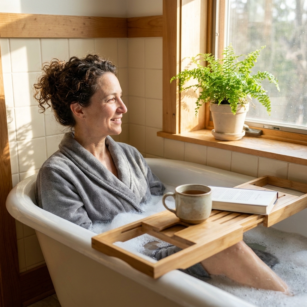 A real photograph of a cozy home bathroom with a simple bathtub, a wooden bath tray holding a mug, and a plant near a window with soft afternoon light