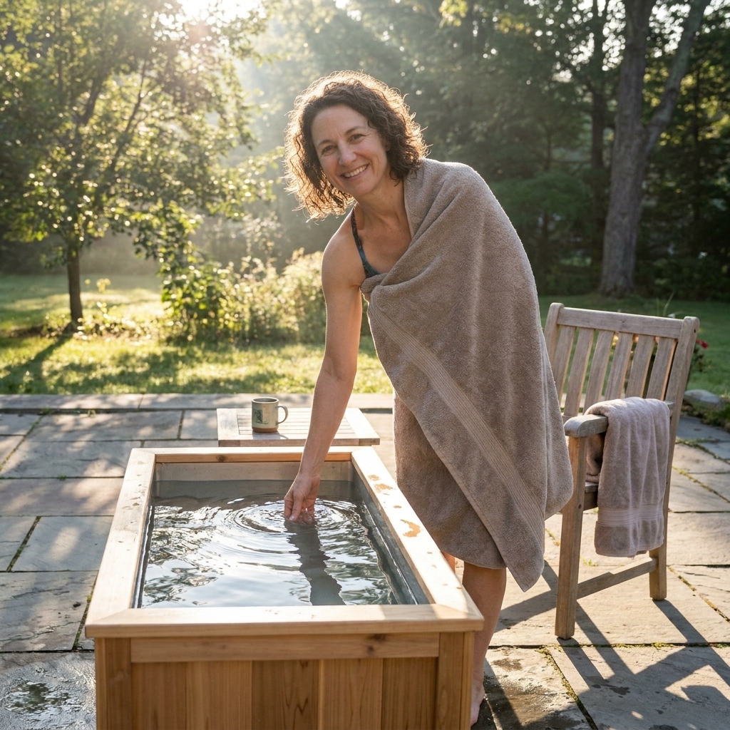 A real photograph of a simple cold plunge tub set up in a backyard patio with a towel on a chair and morning sunlight