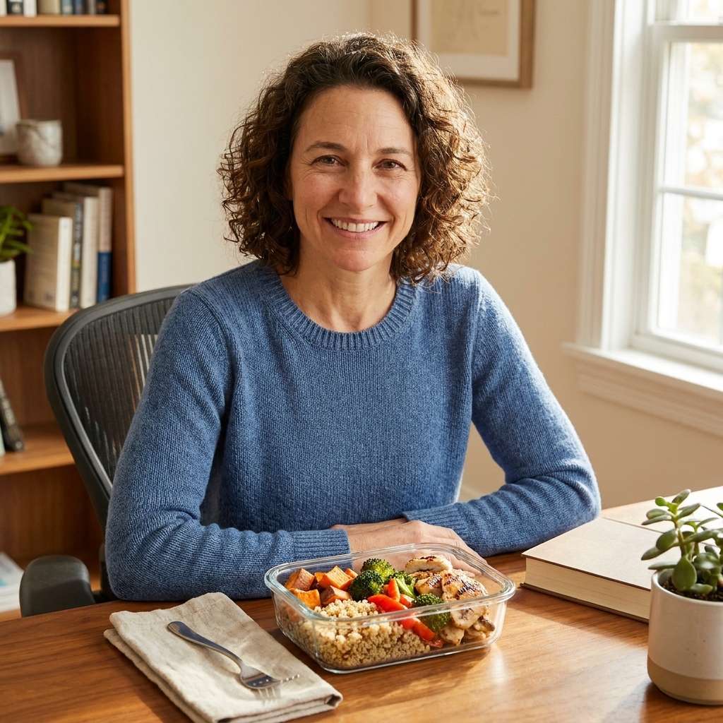 A realistic packed lunch in a glass container with grains, vegetables, and protein on a desk beside a fork and a napkin, ready for a screen-free break