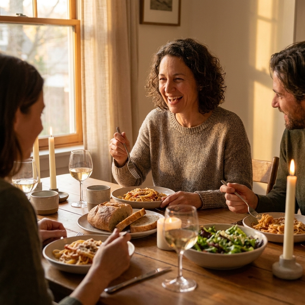A relaxed dinner table scene with people sharing a simple meal in warm evening light, showing an unhurried, cozy atmosphere