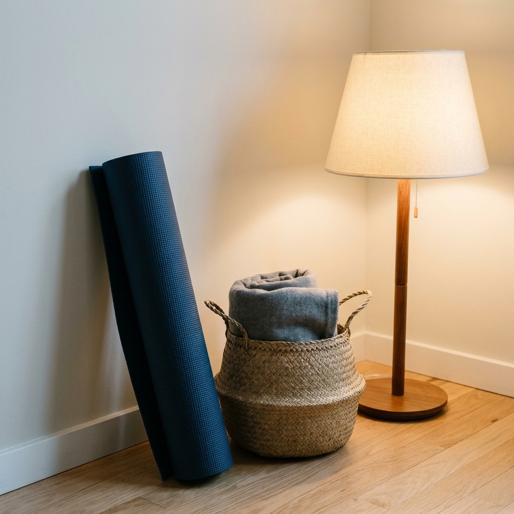 A rolled yoga mat leaning in a tidy corner next to a small woven basket and a neutral floor lamp