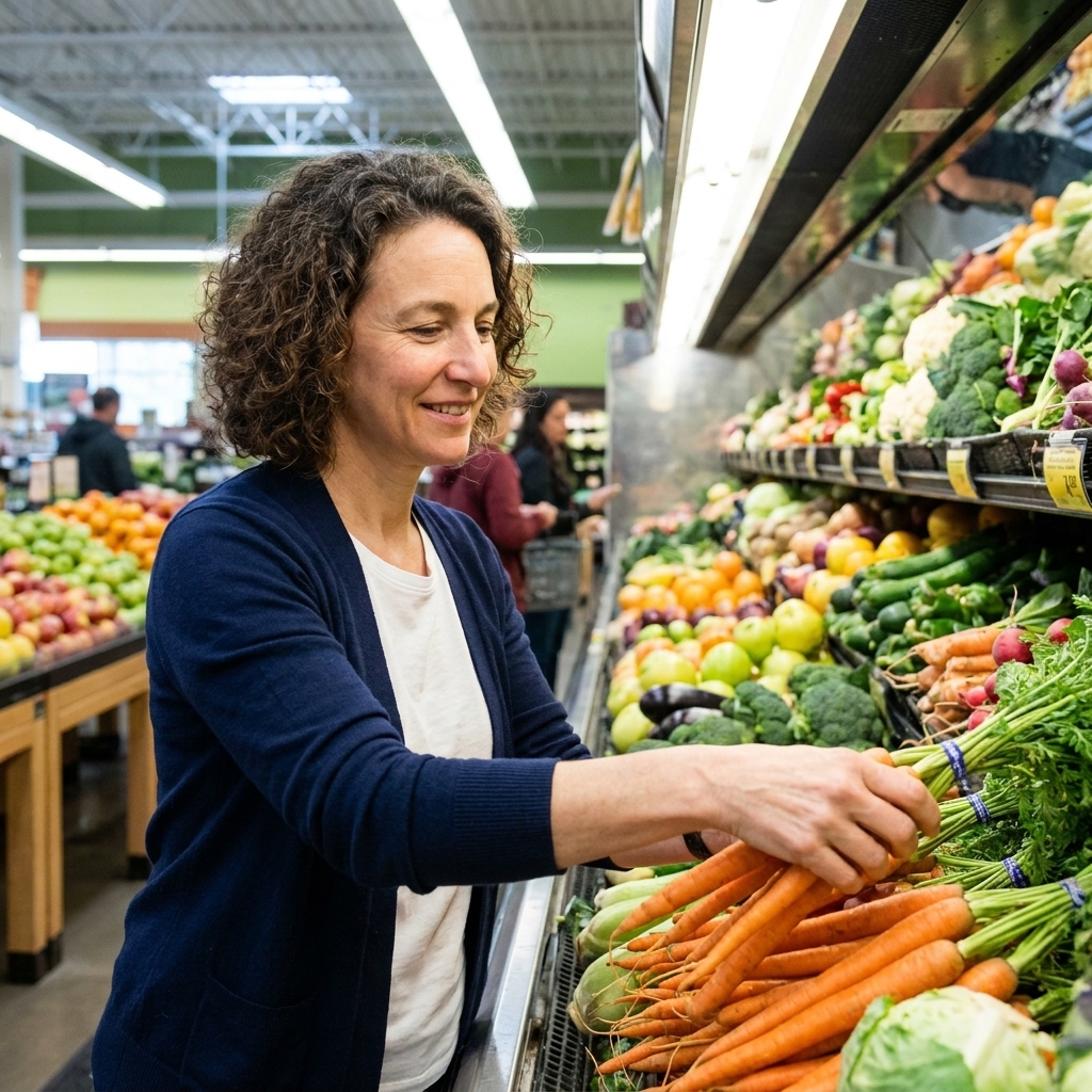A shopper reaching for a bunch of carrots in a bright grocery store produce aisle with fresh fruits and vegetables neatly displayed