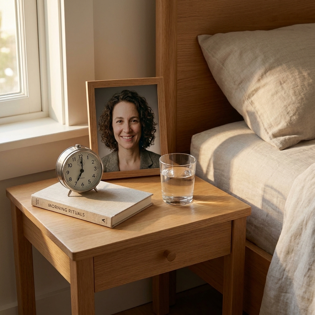 A simple alarm clock on a bedside table next to a glass of water and a book