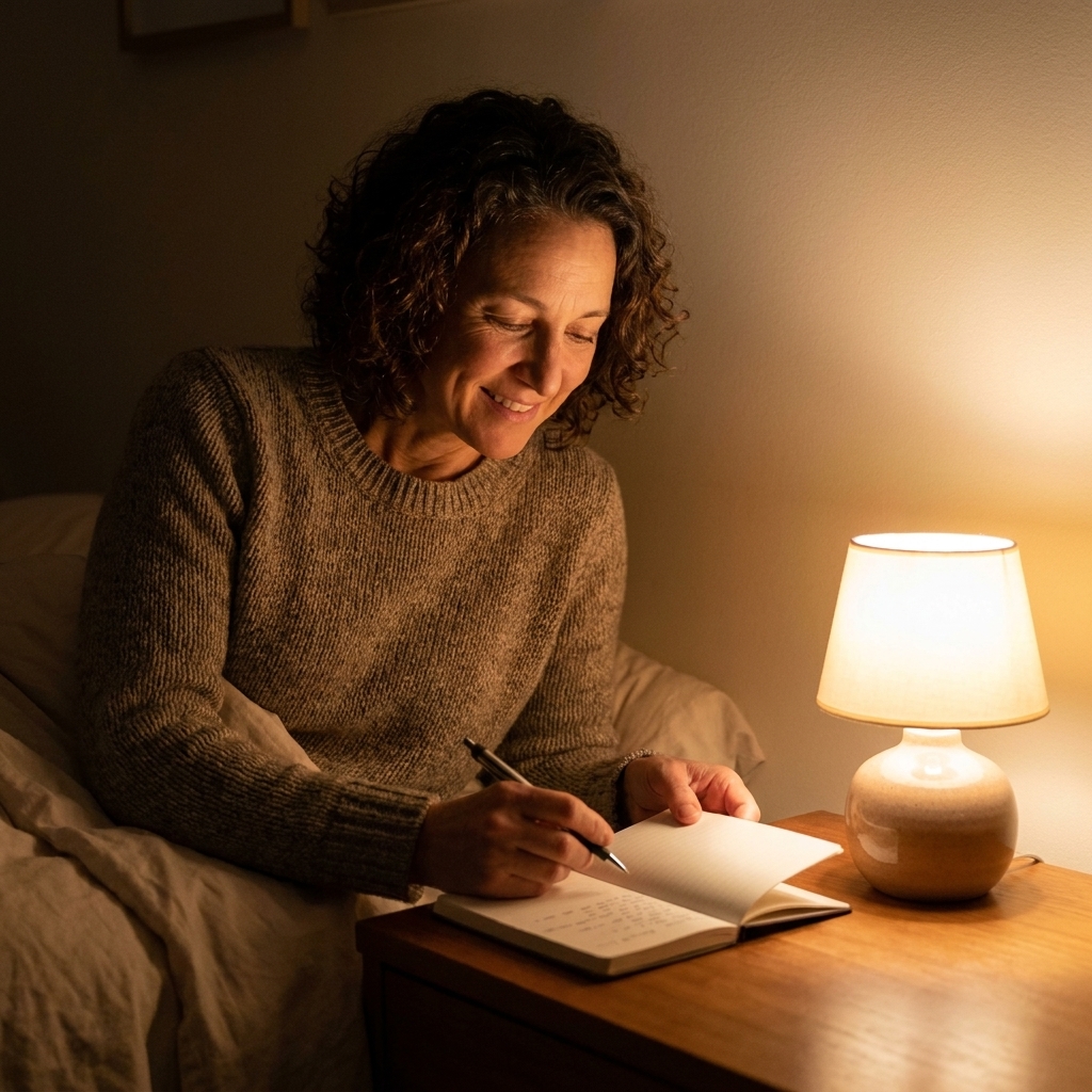 A simple bedside table with a small notebook, pen, and a softly glowing lamp, suggesting a calm nighttime reflection routine